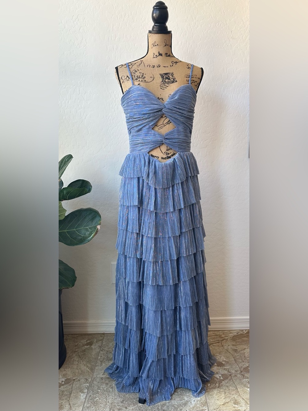 Gianni Bini Blue Tiered Ruffle Cutout Evening Gown